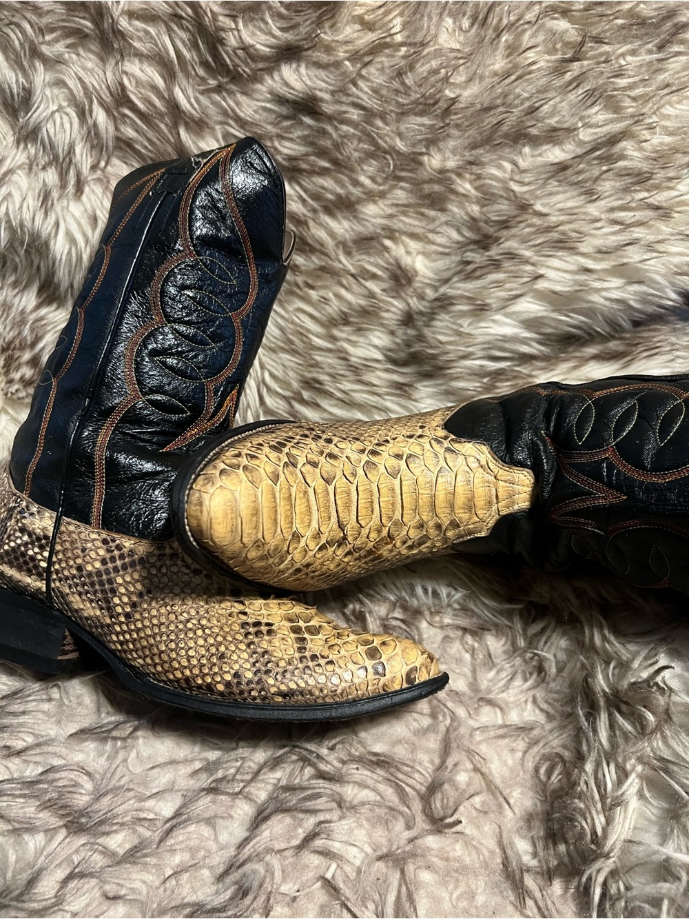 Black and Tan Men Python Snakeskin & Leather Western Boots -Cowboy Style Sz 8 D